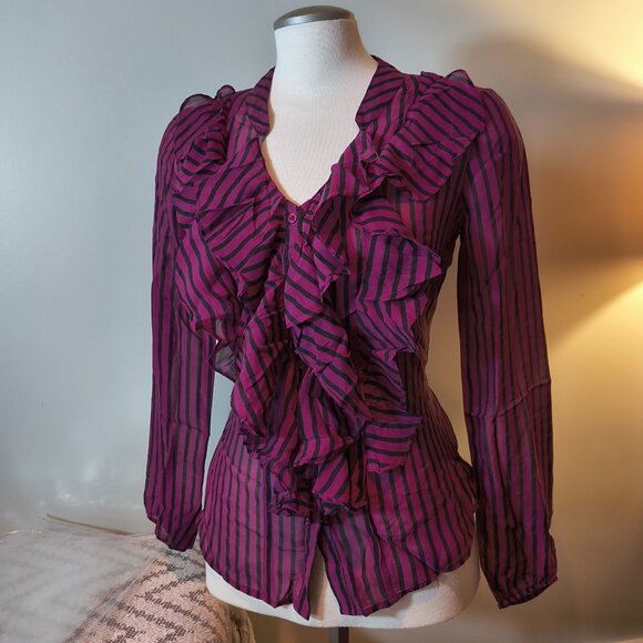 Down Ruffle Stripes Long Sleeve Blouse - Picture 1 of 5